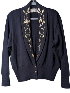 Vintage 80s CIAO Navy wool Cardigan Gold Metallic Floral Embroidery Sweater 14
